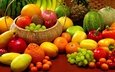 виноград, фрукты, арбуз, овощи, киви, корзинка, помидоры, мандарины, бананы, натюрморт, ананас, гранат, паприка, манго, дыни, кумкваты, грейпфруты