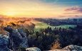небо, деревья, скалы, солнце, туман, осень, долина, германия, национальный парк саксонская швейцария