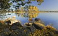 деревья, озеро, камни, листья, отражение, осень