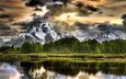 небо, деревья, озеро, горы, отражение, гранд-титон национальный парк