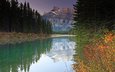 горы, отражение, осень, канада, альберта, национальный парк банф, озеро два джека