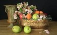 цветы, яблоки, ваза, мандарины, натюрморт, груши, альстромерия