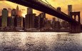 солнце, закат, сша, нью-йорк, здания, бруклинский мост