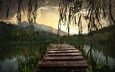 арт, озеро, мостик, лес, закат, пейзаж, ветки деревьев