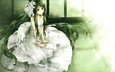 арт, девушка, аниме, белое платье, невеста, зеленые волосы, cvety, svet, nevesta, zelenye volosy, дощечка