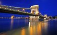 ночь, фонари, огни, вода, река, отражение, мост, венгрия, будапешт, дунай, цепной мост сечени