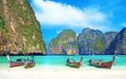 скалы, море, пляж, лодки, таиланд, тропики