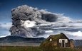 горы, природа, дым, домик, вулкан, исландия, пепел
