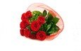 цветы, зелень, розы, красные, букет, лента, упаковка