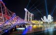 ночь, огни, мост, отель, сингапур, marina bay sands
