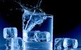 вода, лёд, всплеск, стакан, кубики льда