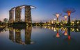 ночь, огни, отражение, море, город, здания, сингапур
