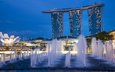 огни, архитектура, голубая, фонтаны, неба, высотки, сингапур, gardens by the bay, ноч