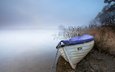 озеро, туман, лодка, камыш