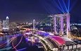 ночь, огни, город, сингапур, marina bay sands