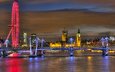 ночь, вечер, река, мост, великобритания, лондон, темза, колесо обозрения, англия, освещение, биг бен, биг-бен, вестминстерский дворец, london eye, лондонский глаз