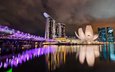 мост, блики, ночной город, здания, сингапур, marina bay sands