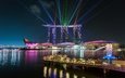 ночь, огни, блики, лазерное шоу, сингапур, marina bay sands, мерлион, марина бей