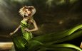 ушанка, перышки, fashionable girl, elegant hairstyle, зеленое платье, грим