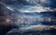небо, облака, озеро, отражение, швейцария, лодка, рыбаки, озеро тюрлерзее