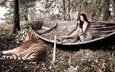 тигр, деревья, девушка, лодка, опавшие листья
