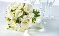 цветы, розы, стол, букет, белые, лента, бокалы