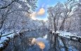 река, снег, лес, зима, отражение