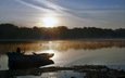 озеро, утро, туман, лодка