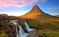 река, пейзаж, гора, водопад, исландия, kirkjufellsfoss