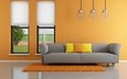 интерьер, подушки, оранжевый, окно, апельсин, диван, гостиная, кушетка, pillows, стильный дизайн, минималистский
