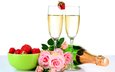 розы, клубника, шампанское, фужеры