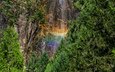 лес, скала, водопад, радуга, йосемитский национальный парк
