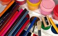 макро, разноцветные, краски, карандаши, рисование, кисточки, цветные карандаши