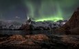 горы, море, северное сияние, норвегия, aurora borealis, норвегии, лофотенские острова, норвежское море, lofoten islands