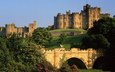 небо, деревья, мост, замок, великобритания, англия, статуи, крепость, great britain, алник, нортамберленд, alnwick castle, the united kingdom