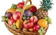 виноград, фрукты, яблоки, апельсины, корзина, белый фон, мандарины, бананы, ананас, груша, нектарин, слива, гранаты