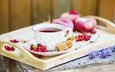 ягода, красная, чашка, персики, чай, сладкое, сахар, смородина, поднос, пирожное, поднос угощение, утренний чай