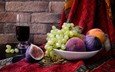 виноград, фрукты, персики, тарелка, натюрморт, сок, инжир