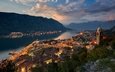 свет, вечер, горы, город, дома, церковь, черногория, котор, которский залив адриатического моря