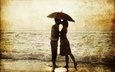 море, силуэты, дождь, любовь, романтика, зонт, мужчина, женщина