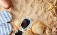 песок, пляж, лето, очки, ракушки, отдых, морская звезда, песка, seashells, каникулы, сланцы, летнее, аксессуаров