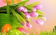 цветы, весна, корзина, тюльпаны, пасха, яйца