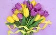 цветы, букет, тюльпаны, лента, жёлтая, тульпаны,  цветы, парное, лиловая