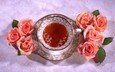цветы, розы, блюдце, чашка, чай, натюрморт