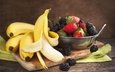 фрукты, клубника, ягоды, бананы, натюрморт, ежевика