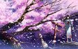 арт, деревья, девушка, лепестки, аниме, сакура, кимоно, катана, justminor