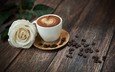 цветок, роза, кофе, чашка, кофейные зерна, деревянная поверхность