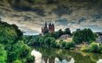 небо, облака, деревья, вода, отражение, собор, город, германия, кафедральный собор святого георга, лимбург-на-лане