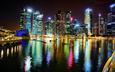 ночь, огни, город, азия, небоскребы, залив, подсветка, сингапур, марина бей