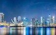 ночь, фонари, огни, дизайн, небоскребы, набережная, здания, сингапур